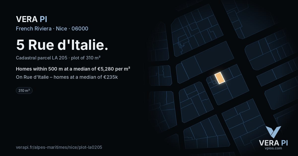5 Rue d'Italie, Nice at night – the plot lit, the parcels around coloured by the prices near them