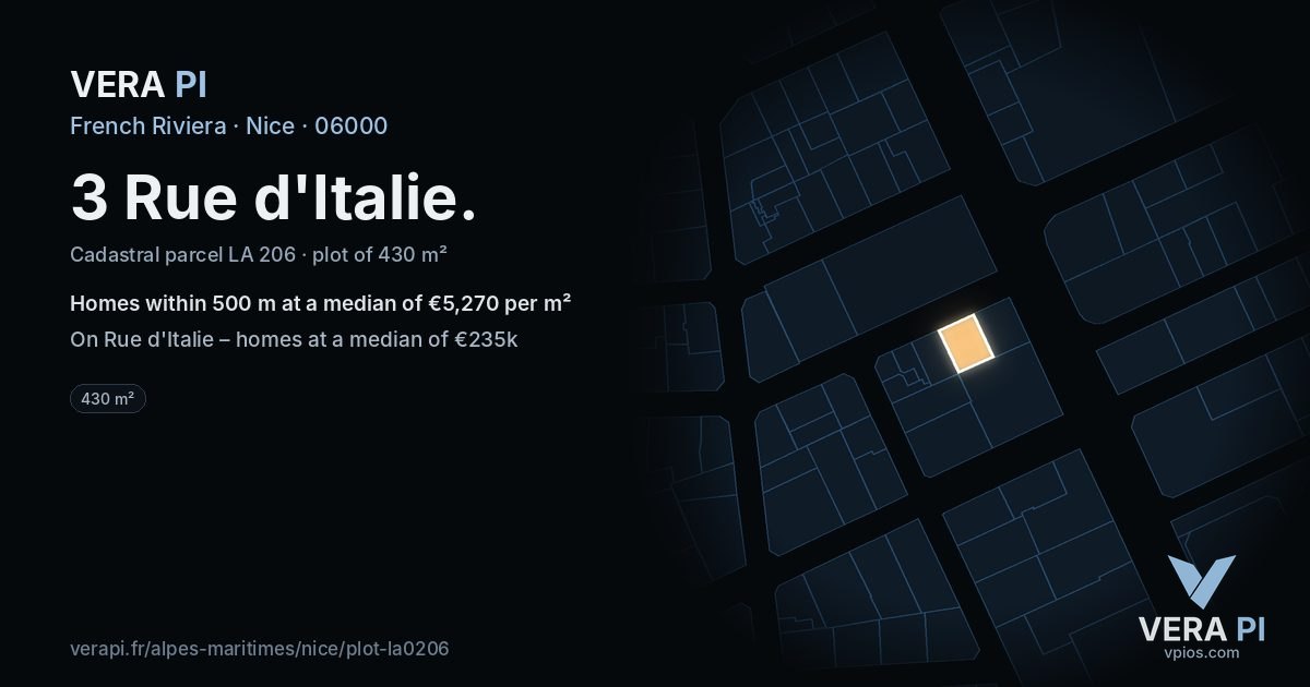 3 Rue d'Italie, Nice at night – the plot lit, the parcels around coloured by the prices near them