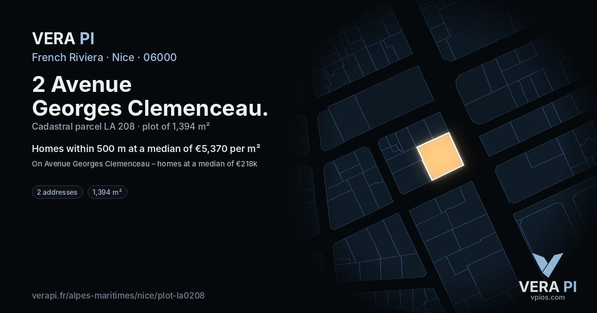 2 Avenue Georges Clemenceau, Nice at night – the plot lit, the parcels around coloured by the prices near them