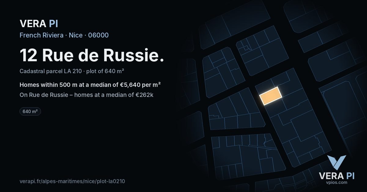 12 Rue de Russie, Nice at night – the plot lit, the parcels around coloured by the prices near them