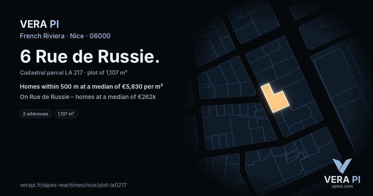 6 Rue de Russie, Nice at night – the plot lit, the parcels around coloured by the prices near them