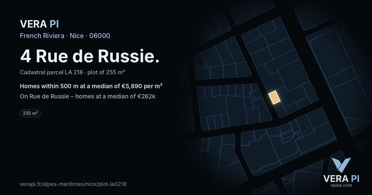 4 Rue de Russie, Nice at night – the plot lit, the parcels around coloured by the prices near them