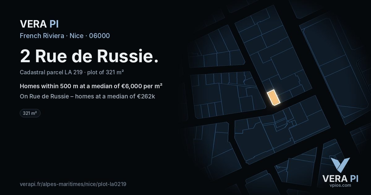 2 Rue de Russie, Nice at night – the plot lit, the parcels around coloured by the prices near them