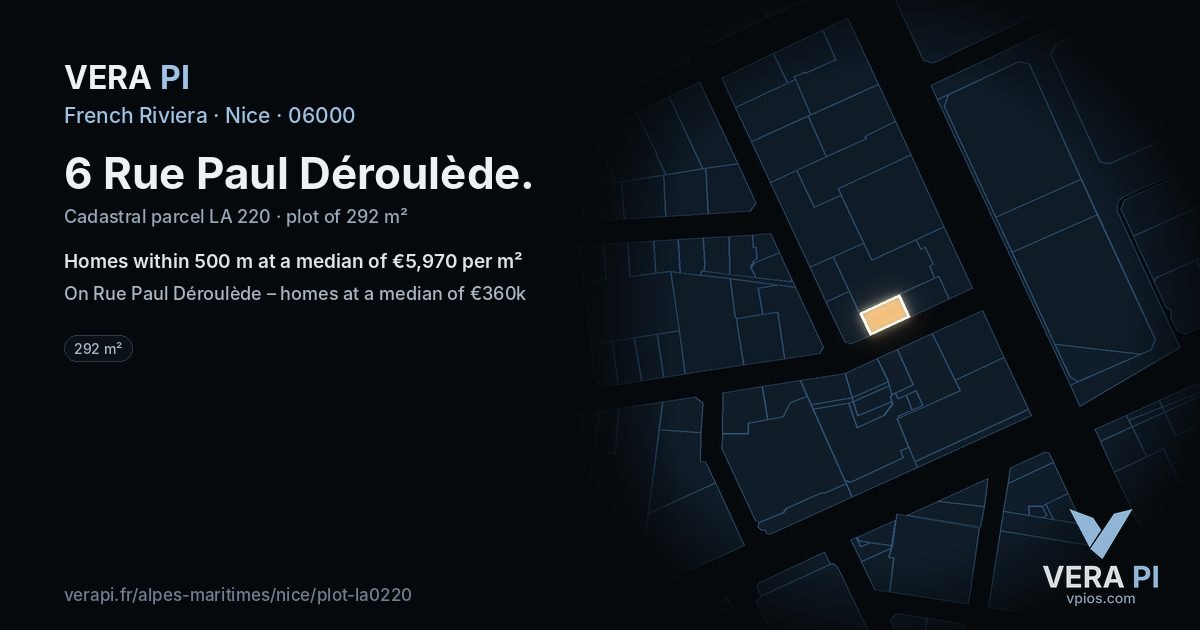 6 Rue Paul Déroulède, Nice at night – the plot lit, the parcels around coloured by the prices near them