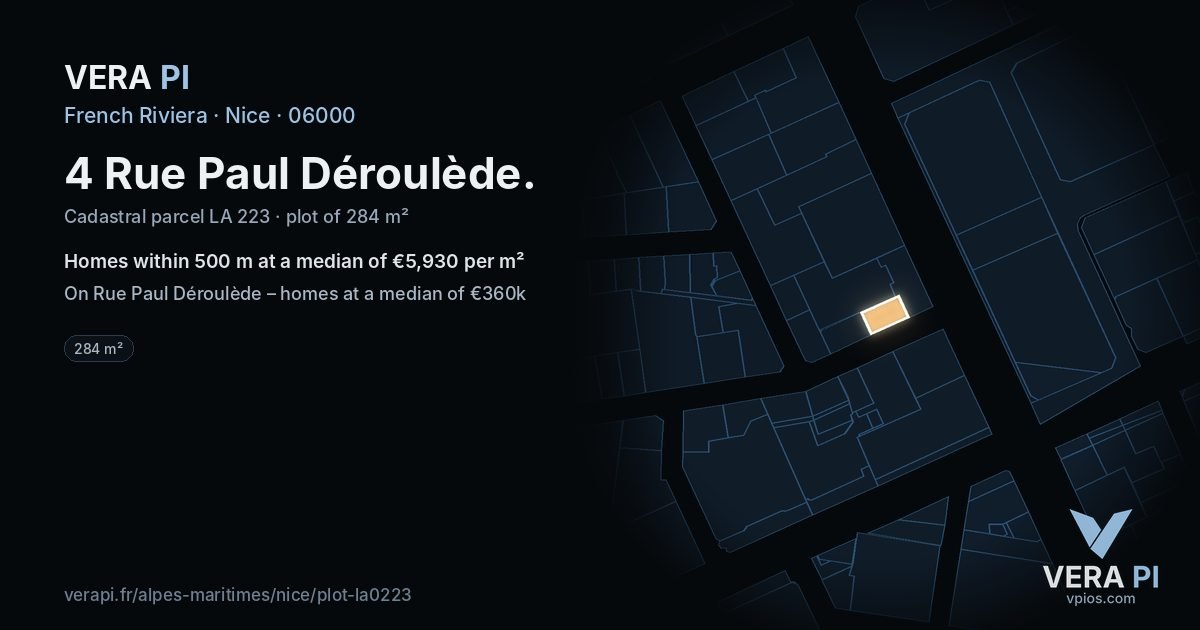 4 Rue Paul Déroulède, Nice at night – the plot lit, the parcels around coloured by the prices near them