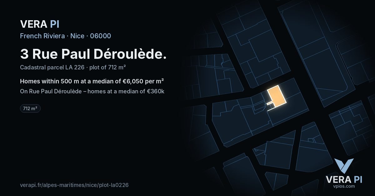 3 Rue Paul Déroulède, Nice at night – the plot lit, the parcels around coloured by the prices near them