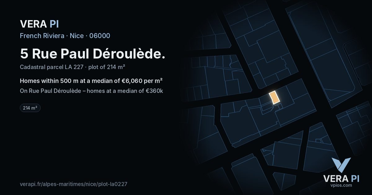 5 Rue Paul Déroulède, Nice at night – the plot lit, the parcels around coloured by the prices near them
