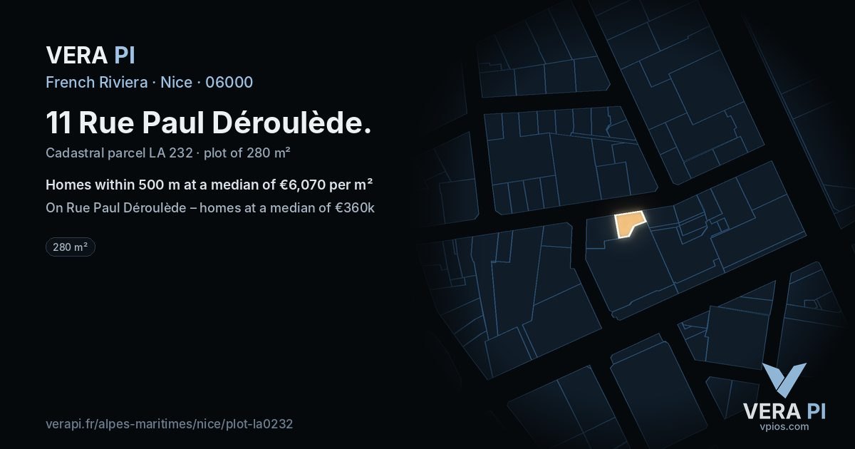 11 Rue Paul Déroulède, Nice at night – the plot lit, the parcels around coloured by the prices near them