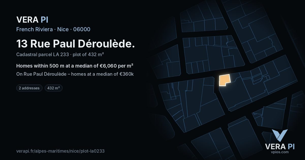 13 Rue Paul Déroulède, Nice at night – the plot lit, the parcels around coloured by the prices near them