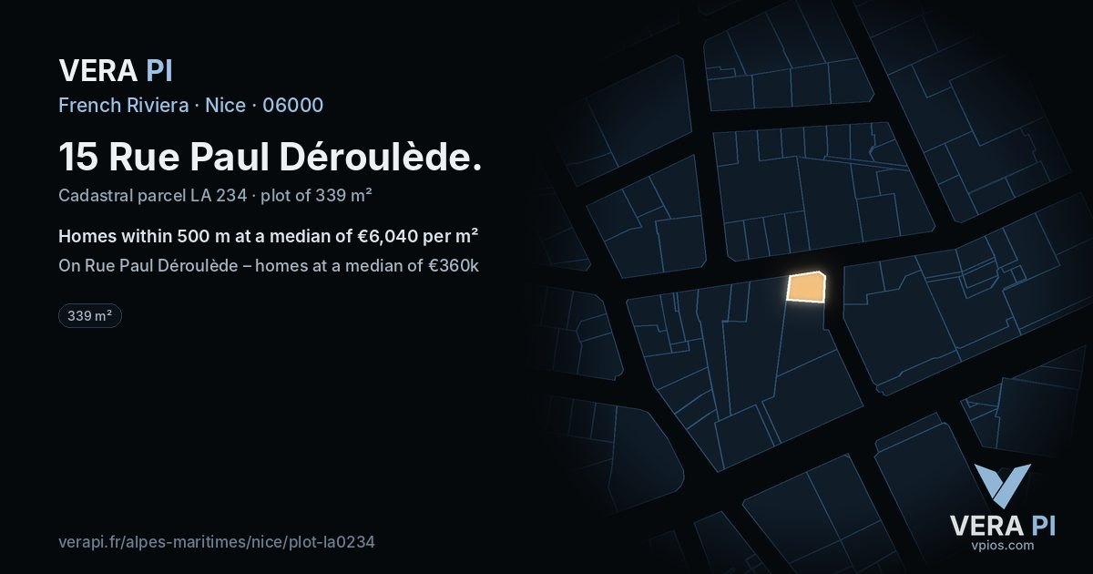 15 Rue Paul Déroulède, Nice at night – the plot lit, the parcels around coloured by the prices near them