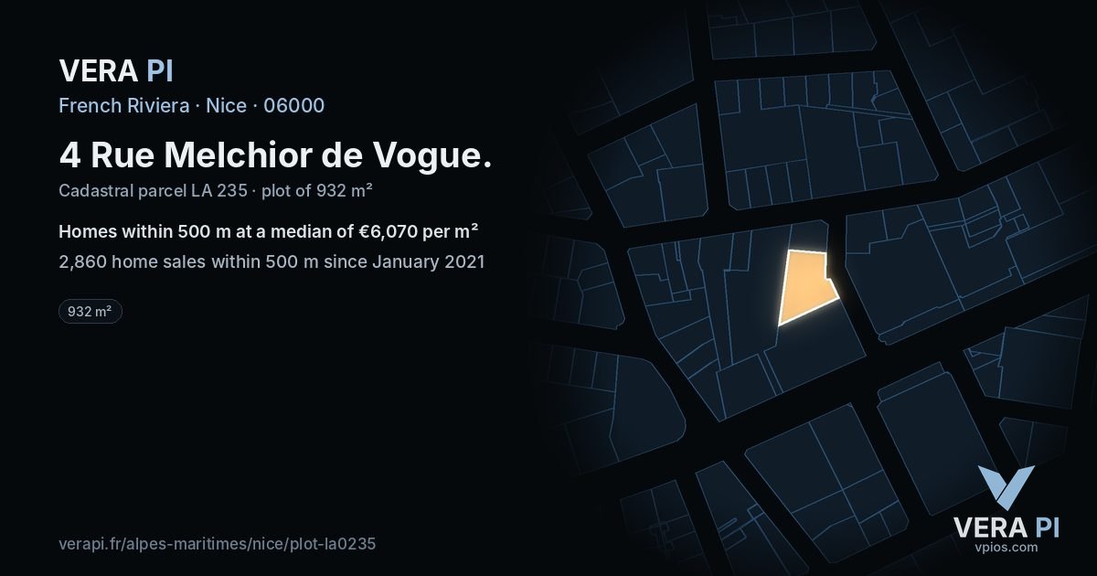 4 Rue Melchior de Vogue, Nice at night – the plot lit, the parcels around coloured by the prices near them