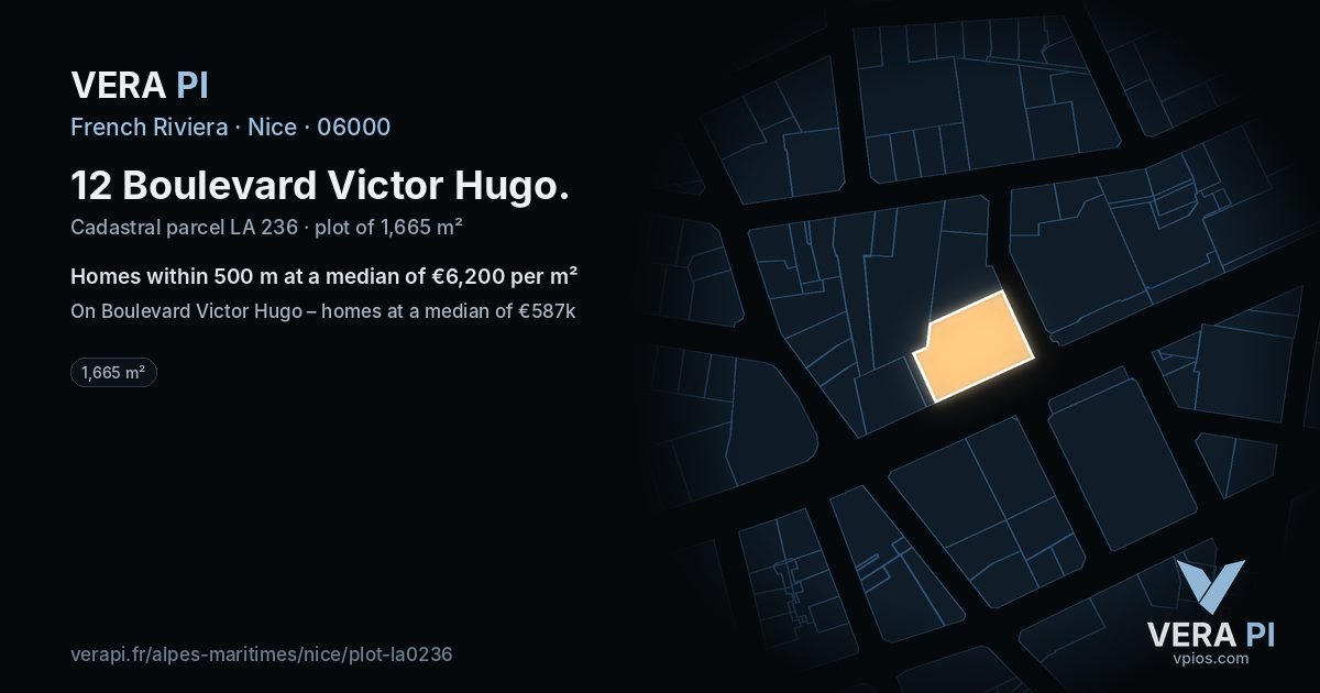 12 Boulevard Victor Hugo, Nice at night – the plot lit, the parcels around coloured by the prices near them