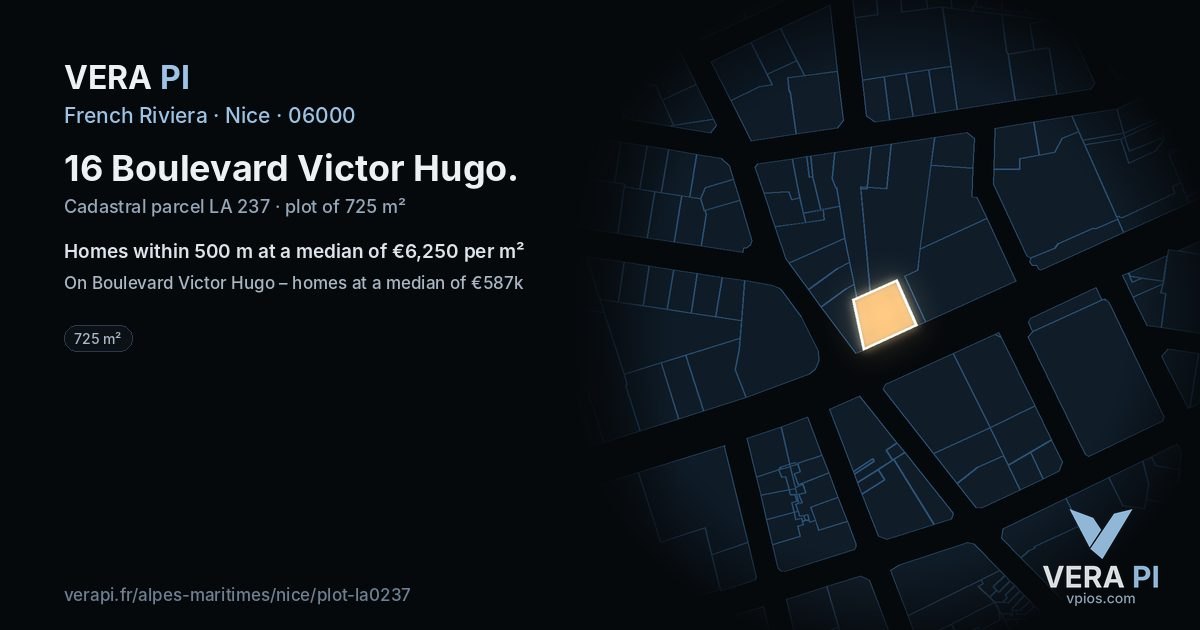 16 Boulevard Victor Hugo, Nice at night – the plot lit, the parcels around coloured by the prices near them