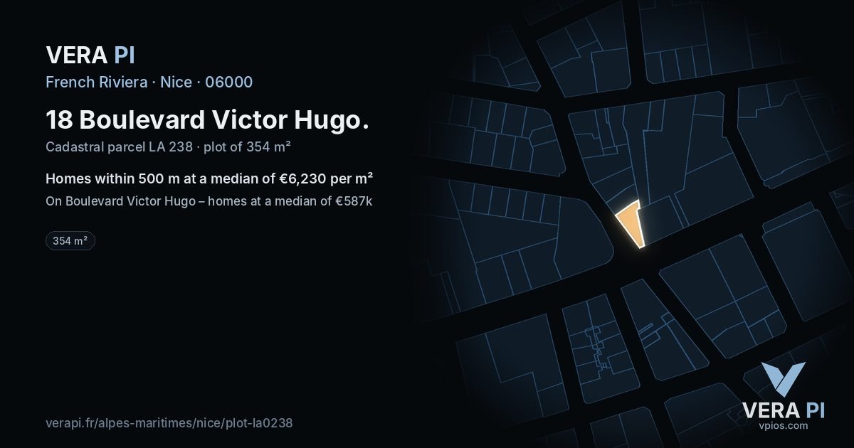 18 Boulevard Victor Hugo, Nice at night – the plot lit, the parcels around coloured by the prices near them