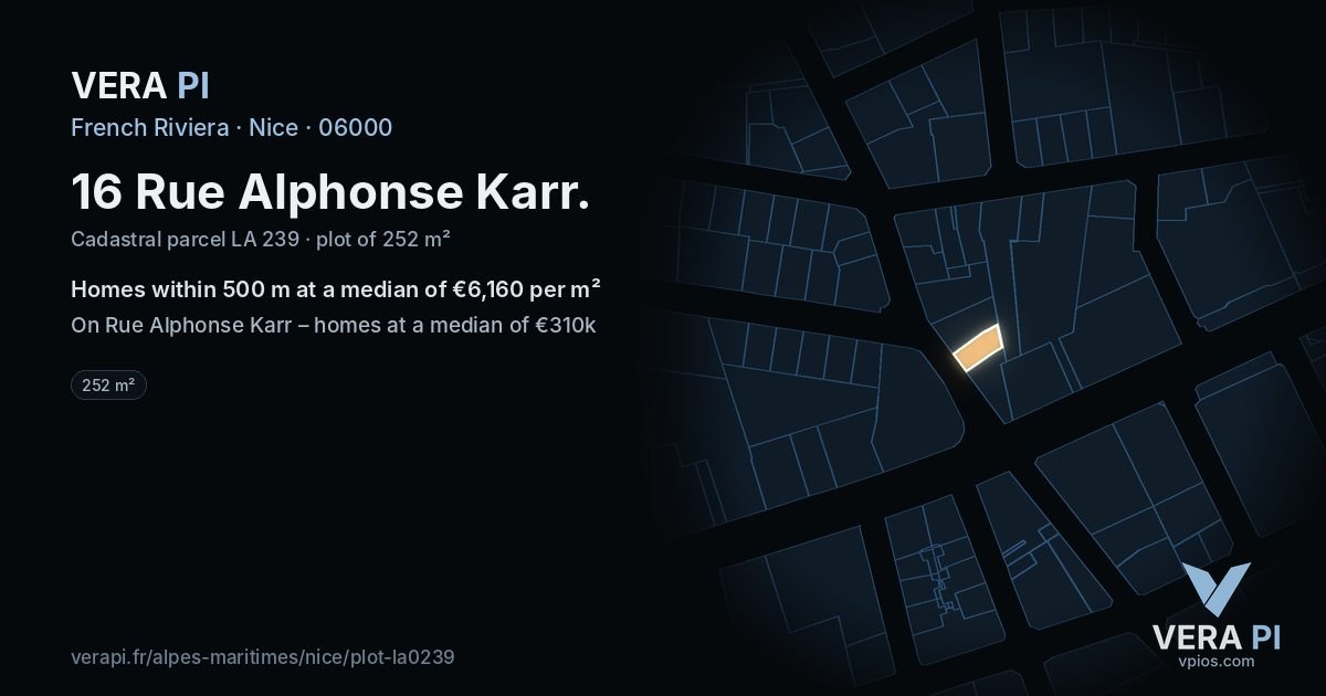 16 Rue Alphonse Karr, Nice at night – the plot lit, the parcels around coloured by the prices near them