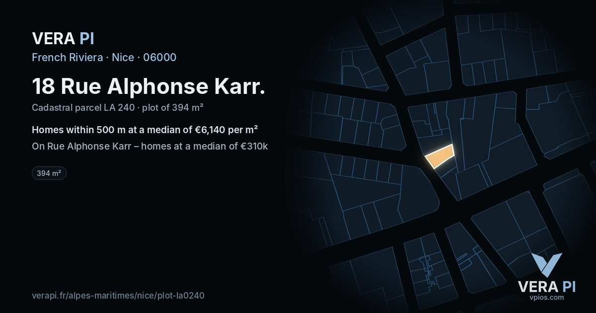 18 Rue Alphonse Karr, Nice at night – the plot lit, the parcels around coloured by the prices near them