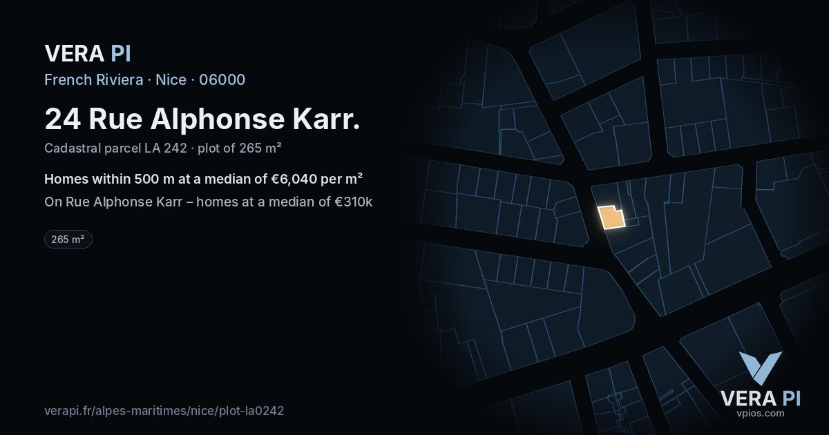 24 Rue Alphonse Karr, Nice at night – the plot lit, the parcels around coloured by the prices near them