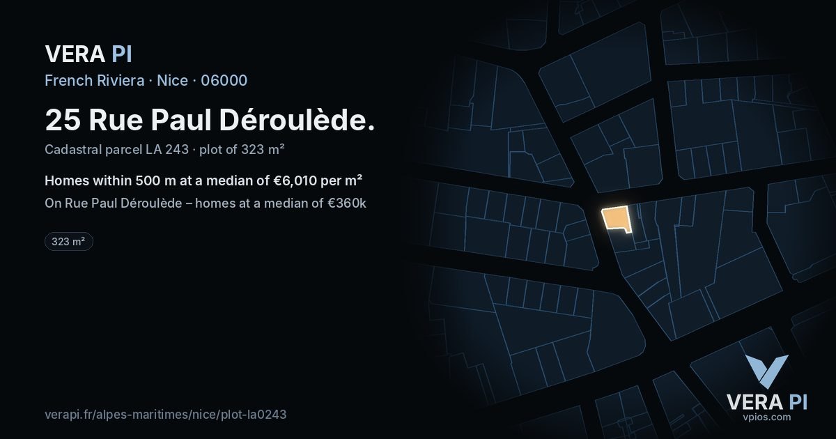 25 Rue Paul Déroulède, Nice at night – the plot lit, the parcels around coloured by the prices near them