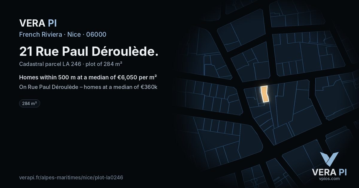 21 Rue Paul Déroulède, Nice at night – the plot lit, the parcels around coloured by the prices near them