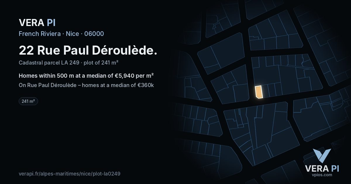 22 Rue Paul Déroulède, Nice at night – the plot lit, the parcels around coloured by the prices near them