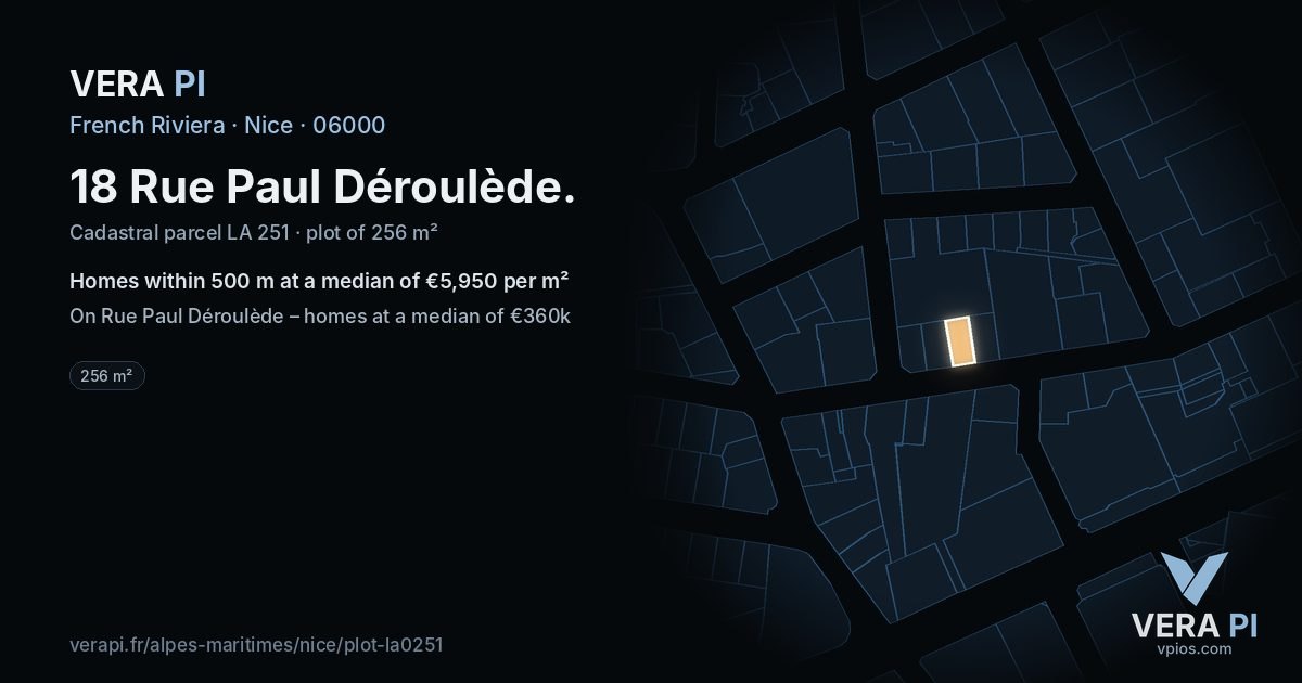 18 Rue Paul Déroulède, Nice at night – the plot lit, the parcels around coloured by the prices near them