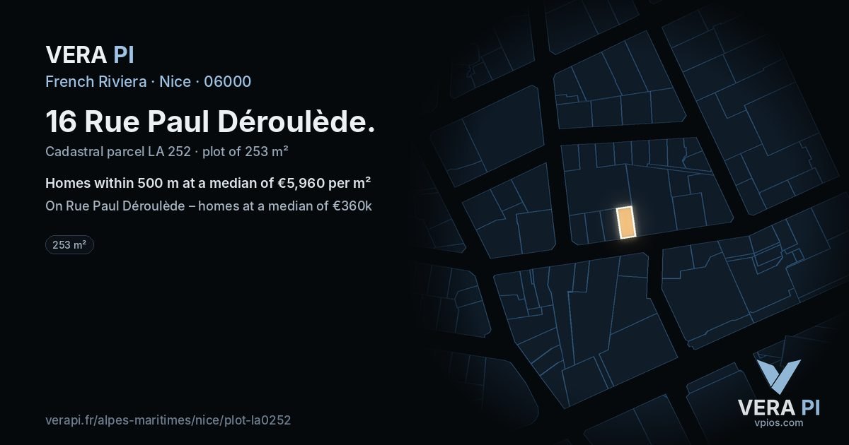 16 Rue Paul Déroulède, Nice at night – the plot lit, the parcels around coloured by the prices near them