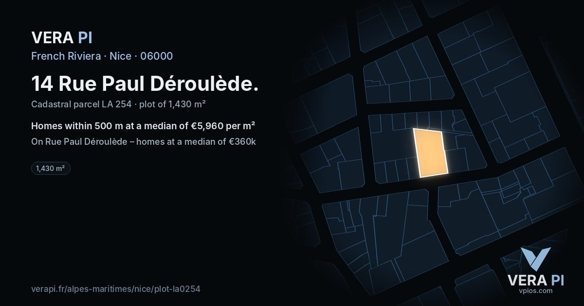 14 Rue Paul Déroulède, Nice at night – the plot lit, the parcels around coloured by the prices near them