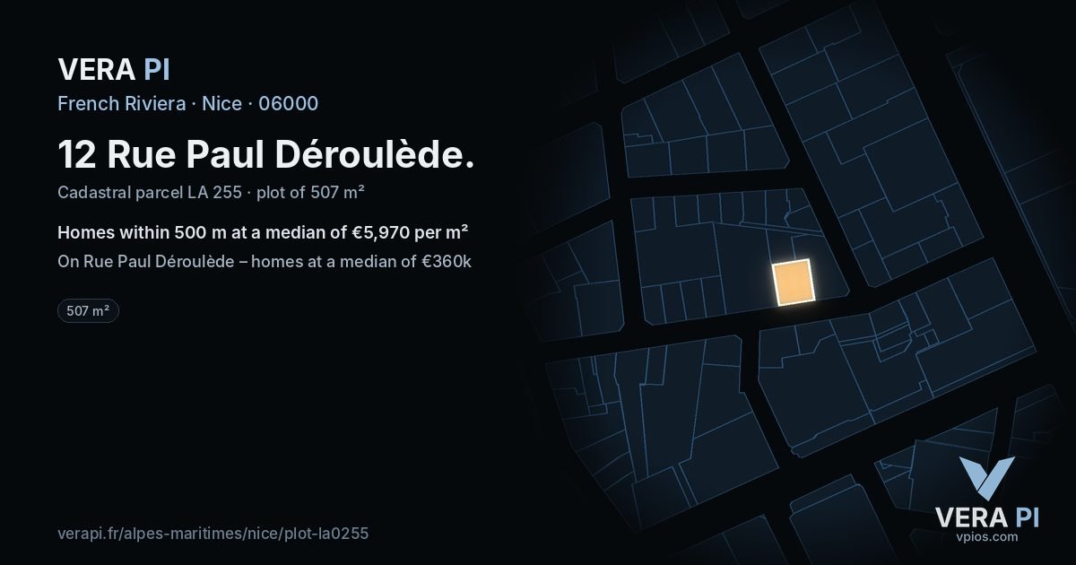 12 Rue Paul Déroulède, Nice at night – the plot lit, the parcels around coloured by the prices near them
