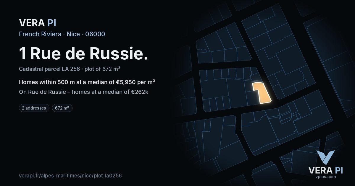 1 Rue de Russie, Nice at night – the plot lit, the parcels around coloured by the prices near them