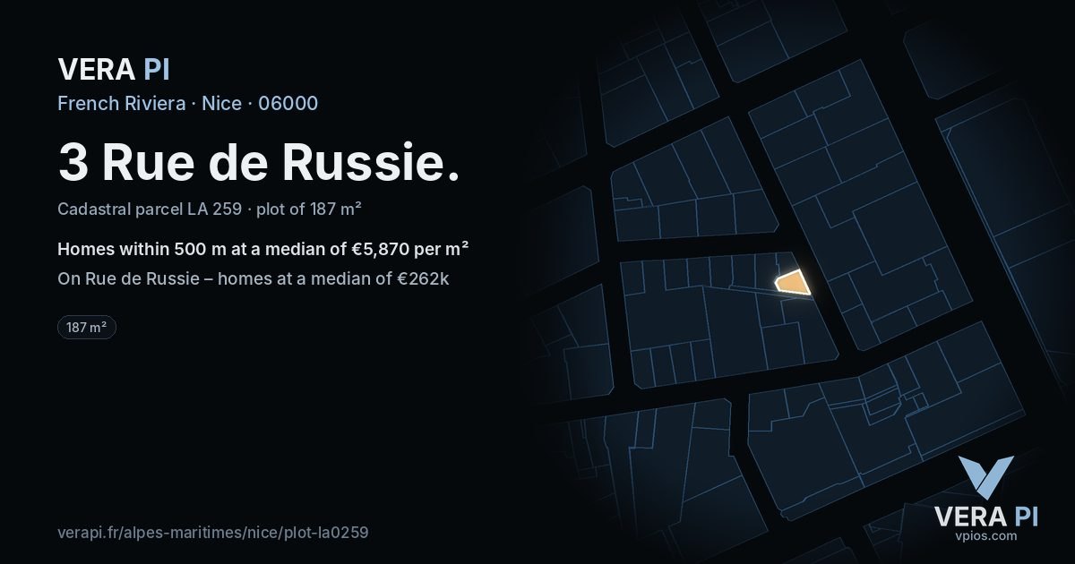 3 Rue de Russie, Nice at night – the plot lit, the parcels around coloured by the prices near them