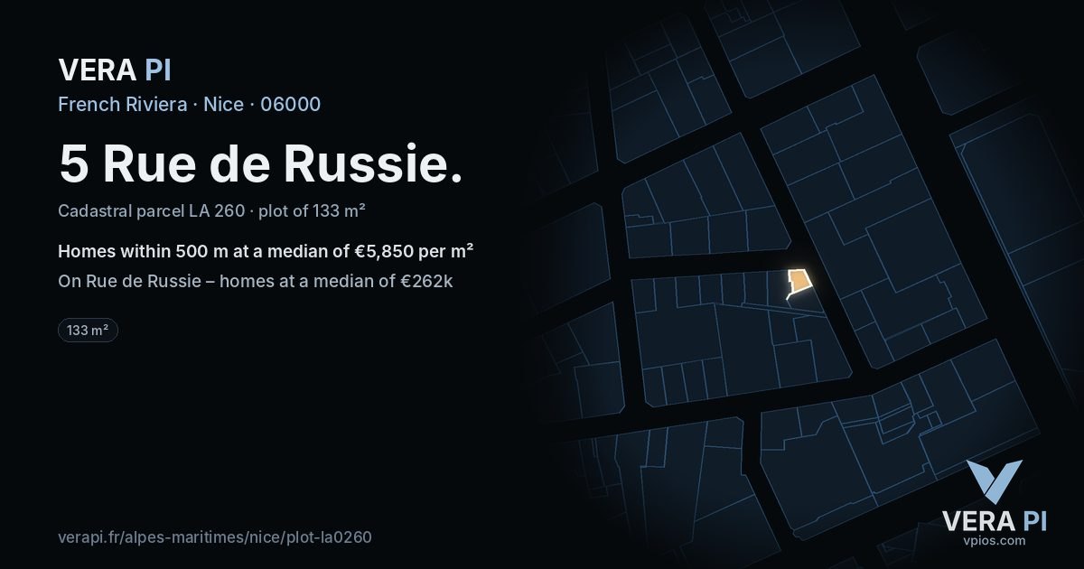 5 Rue de Russie, Nice at night – the plot lit, the parcels around coloured by the prices near them