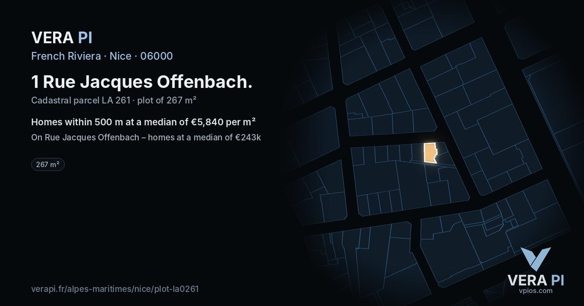 1 Rue Jacques Offenbach, Nice at night – the plot lit, the parcels around coloured by the prices near them