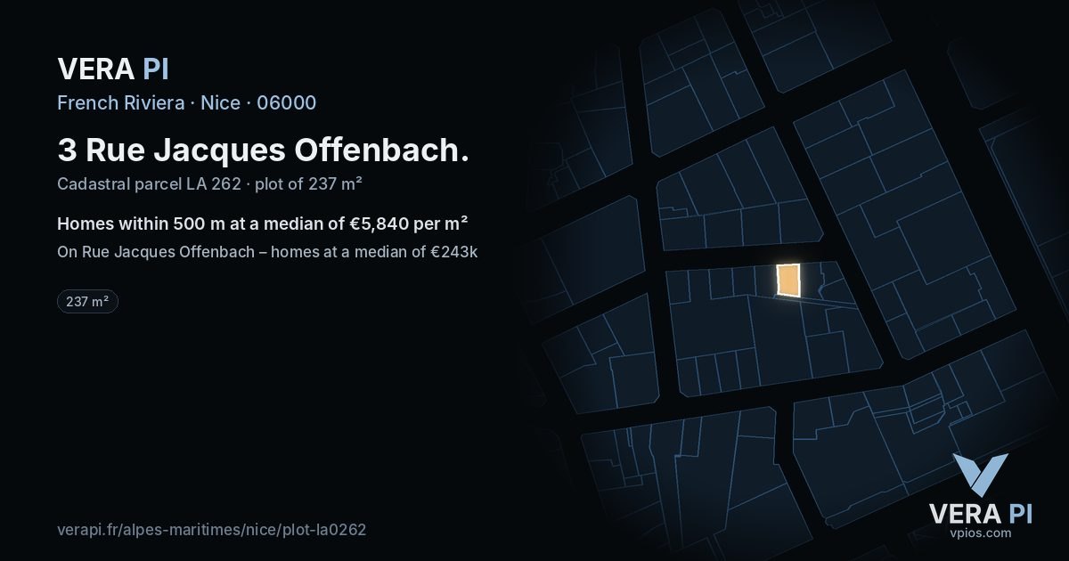 3 Rue Jacques Offenbach, Nice at night – the plot lit, the parcels around coloured by the prices near them