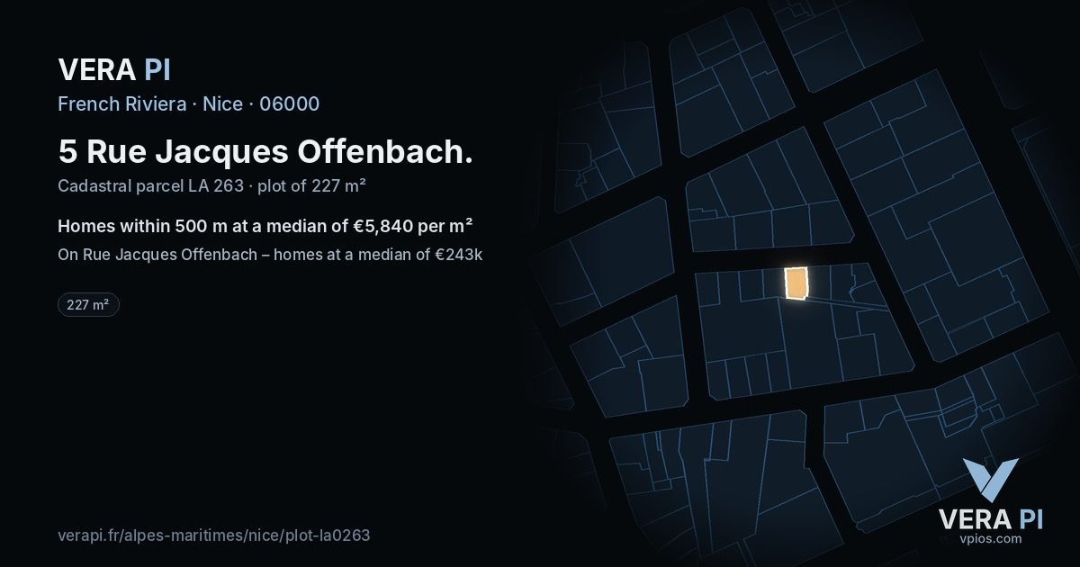 5 Rue Jacques Offenbach, Nice at night – the plot lit, the parcels around coloured by the prices near them
