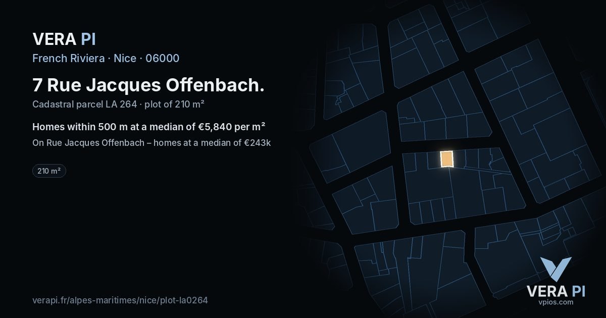 7 Rue Jacques Offenbach, Nice at night – the plot lit, the parcels around coloured by the prices near them