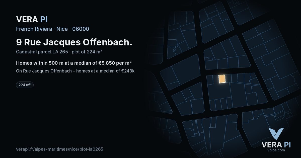 9 Rue Jacques Offenbach, Nice at night – the plot lit, the parcels around coloured by the prices near them