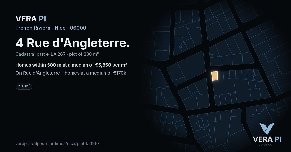 4 Rue d'Angleterre, Nice at night – the plot lit, the parcels around coloured by the prices near them