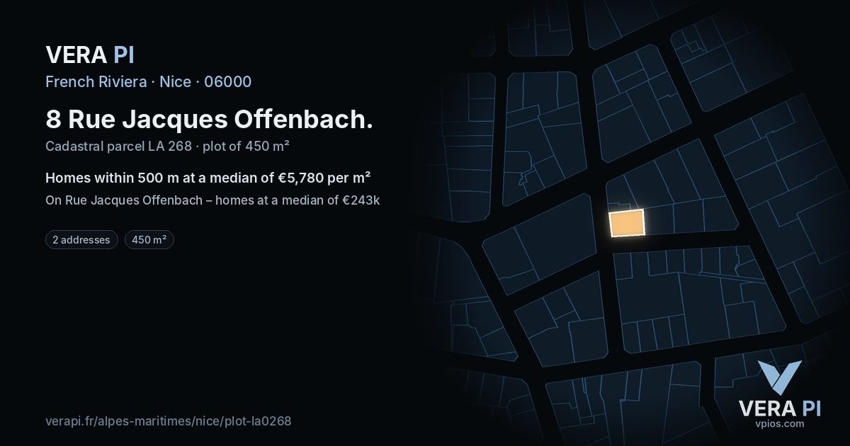 8 Rue Jacques Offenbach, Nice at night – the plot lit, the parcels around coloured by the prices near them