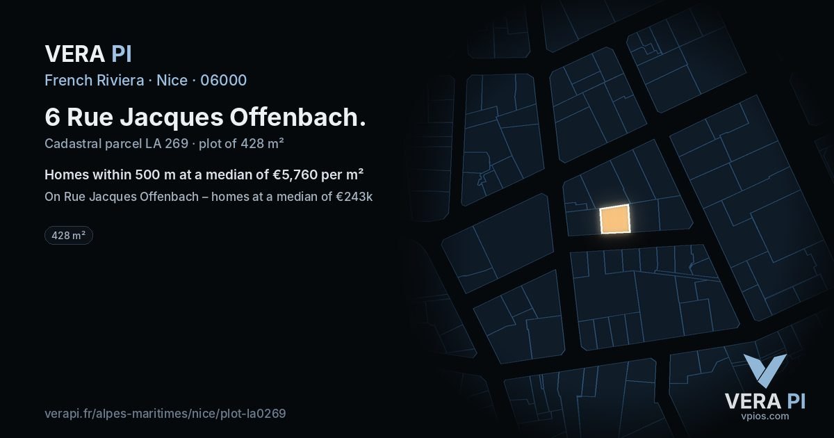 6 Rue Jacques Offenbach, Nice at night – the plot lit, the parcels around coloured by the prices near them
