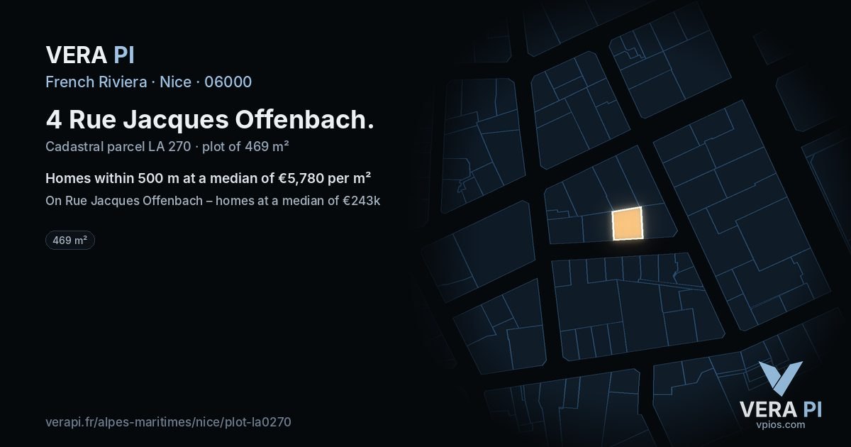 4 Rue Jacques Offenbach, Nice at night – the plot lit, the parcels around coloured by the prices near them