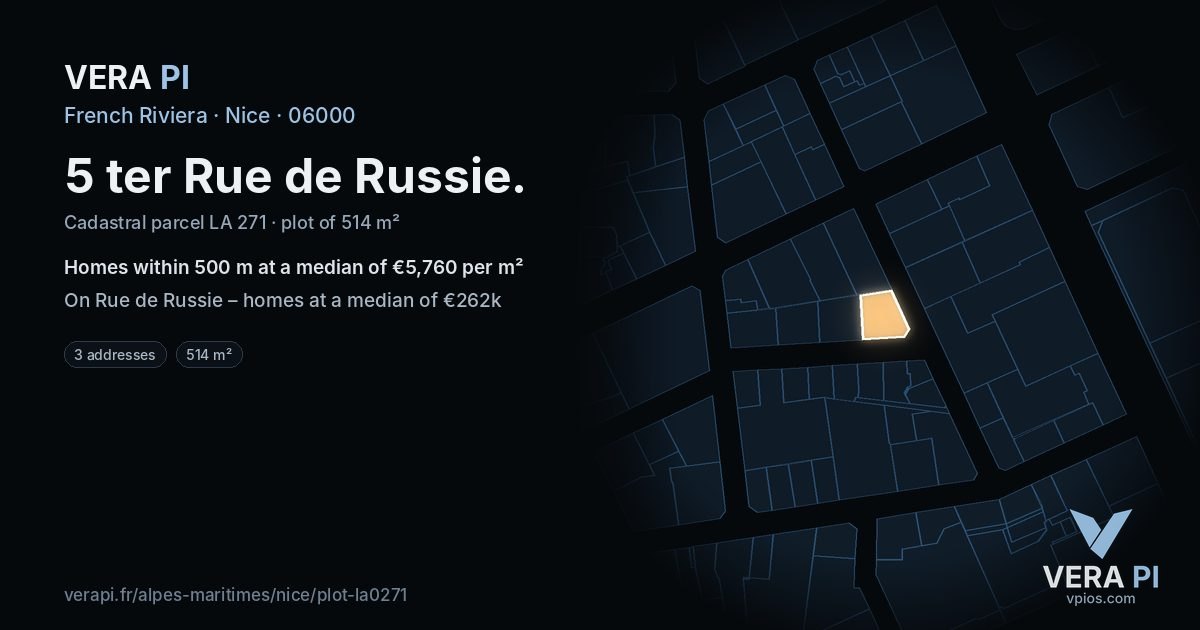 5 ter Rue de Russie, Nice at night – the plot lit, the parcels around coloured by the prices near them