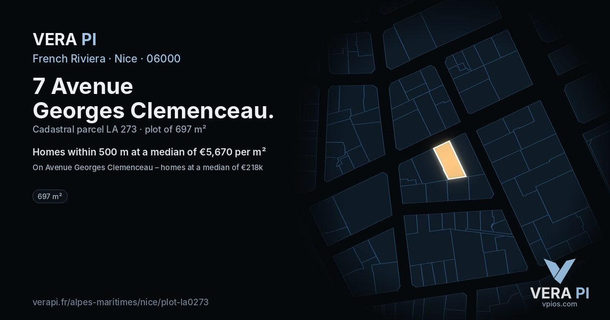 7 Avenue Georges Clemenceau, Nice at night – the plot lit, the parcels around coloured by the prices near them