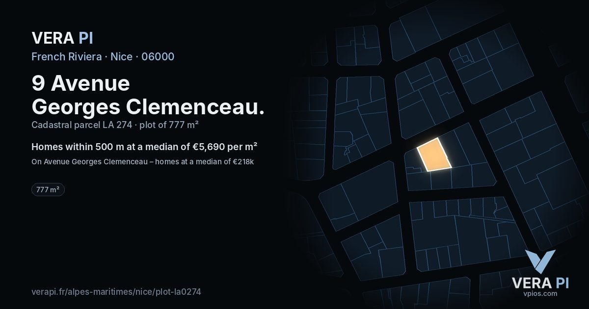 9 Avenue Georges Clemenceau, Nice at night – the plot lit, the parcels around coloured by the prices near them