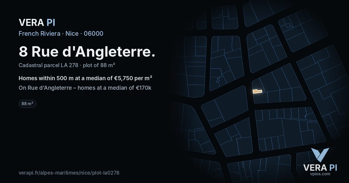 8 Rue d'Angleterre, Nice at night – the plot lit, the parcels around coloured by the prices near them