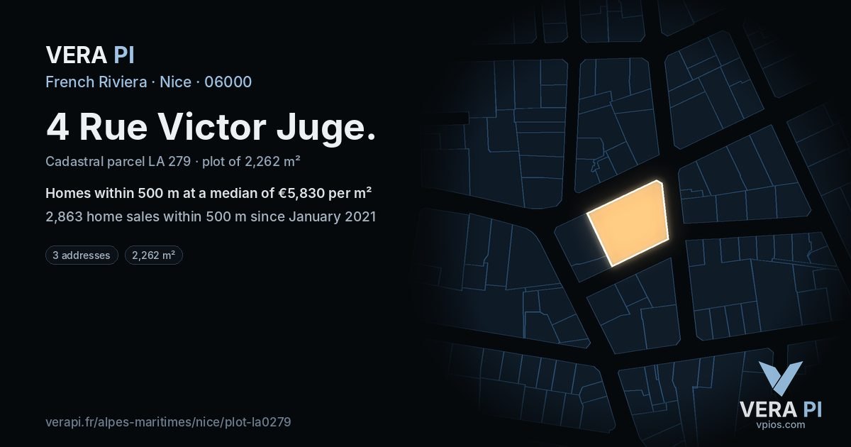4 Rue Victor Juge, Nice at night – the plot lit, the parcels around coloured by the prices near them