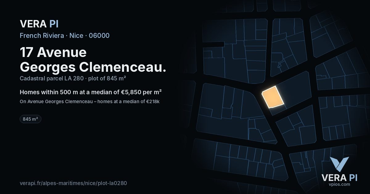 17 Avenue Georges Clemenceau, Nice at night – the plot lit, the parcels around coloured by the prices near them