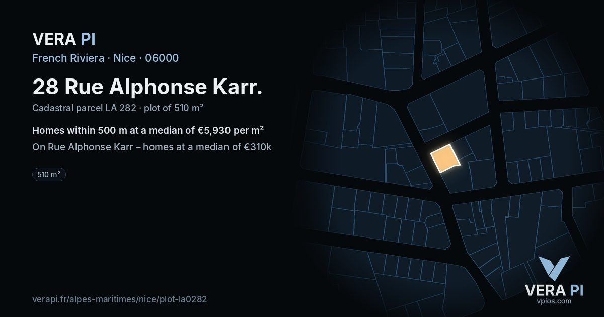 28 Rue Alphonse Karr, Nice at night – the plot lit, the parcels around coloured by the prices near them