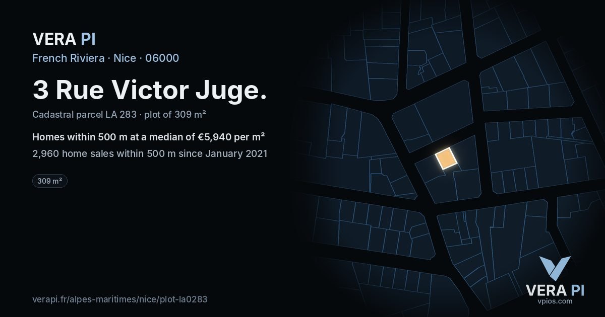 3 Rue Victor Juge, Nice at night – the plot lit, the parcels around coloured by the prices near them