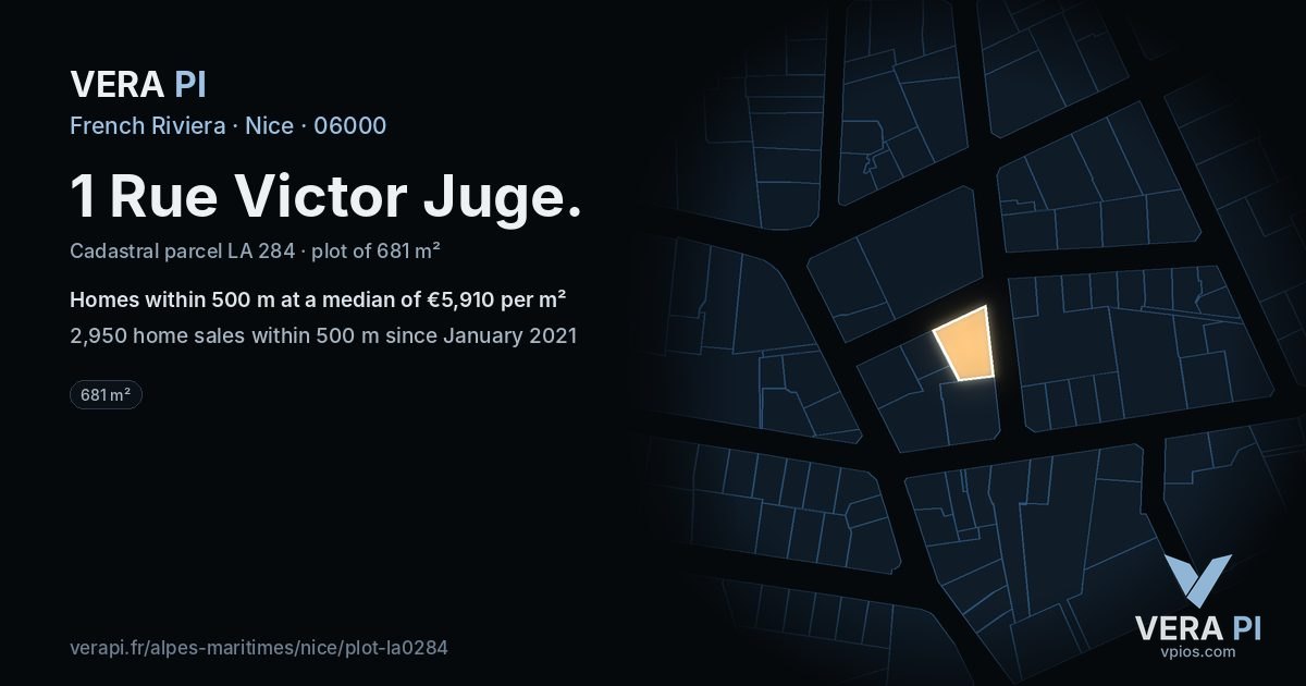 1 Rue Victor Juge, Nice at night – the plot lit, the parcels around coloured by the prices near them