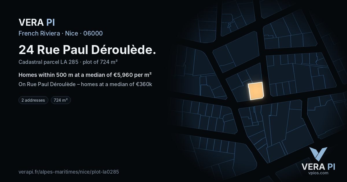 24 Rue Paul Déroulède, Nice at night – the plot lit, the parcels around coloured by the prices near them
